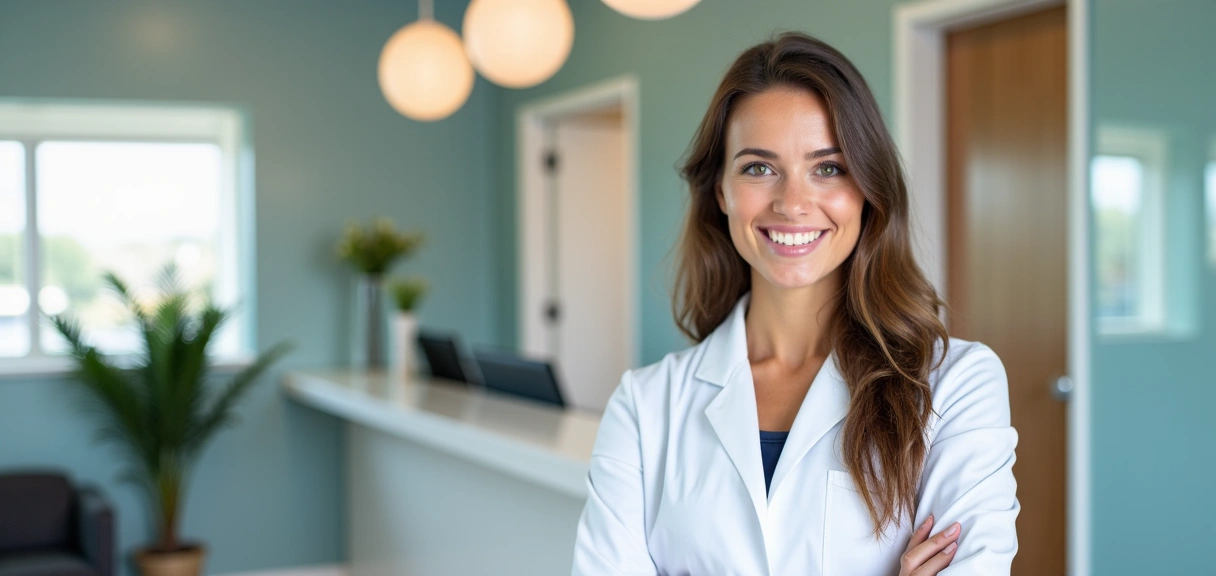 Professional, friendly nutritionist smiling in a clean, modern clinic setting.