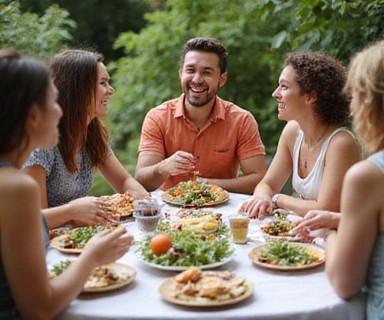 A group of friends sharing a healthy picnic